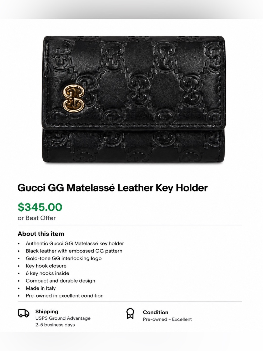 Gucci Black Matelassé Leather Key Pouch with Gold GG Accent
